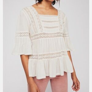 Free People Ivory Golden Hour Blouse Lace Tassel Tie Top